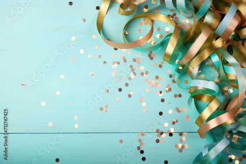Carnival border of coiled streamers and confetti on wood background with copy space
