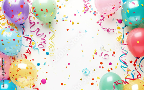 Happy Birthday invitation card with pastel colorful ballons and glittering confetti. Childrens party  background. Generative AI