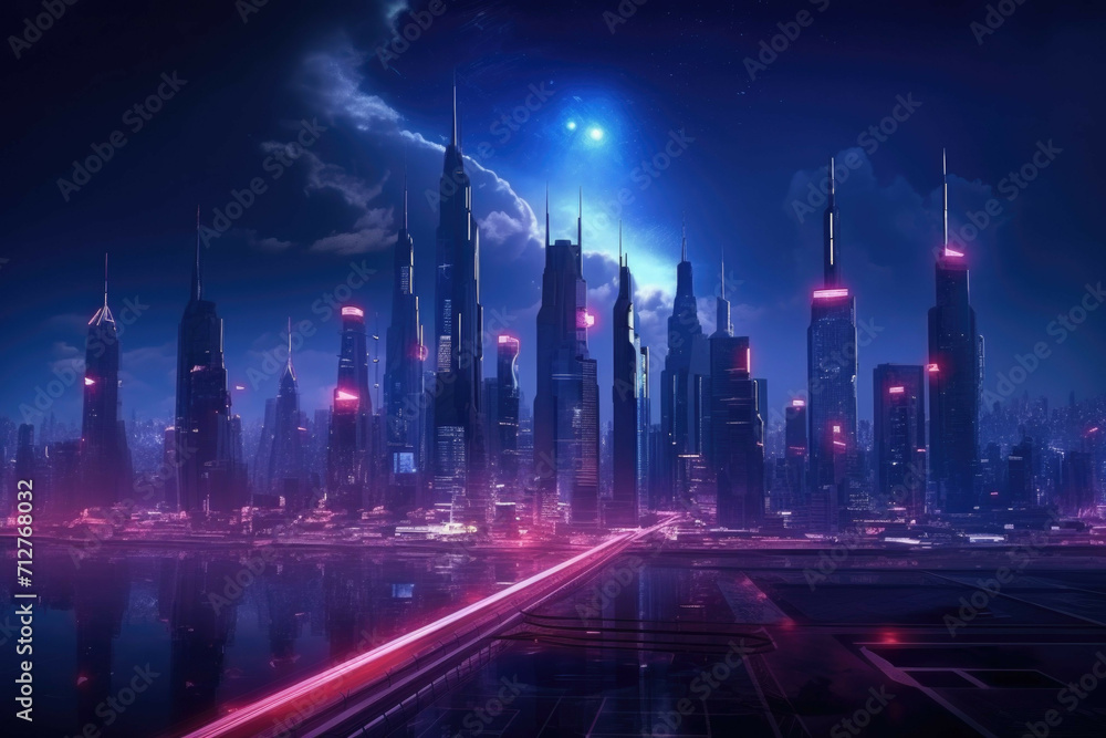 A futuristic cityscape with tall buildings, advanced technology and neon lighting