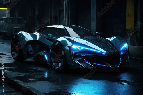 A futuristic vehicle  with sleek lines and a glowing  neon-blue paint job  parked in a dark alley