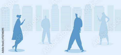 Four silhouetted people in urban setting, two women using smartphones. City lifestyle with technology vector illustration.