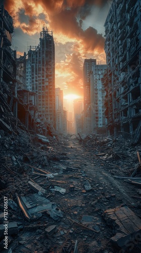 A realistic depiction of a devastated world, reflecting the consequences of a catastrophic event, a destroyed city after the war.