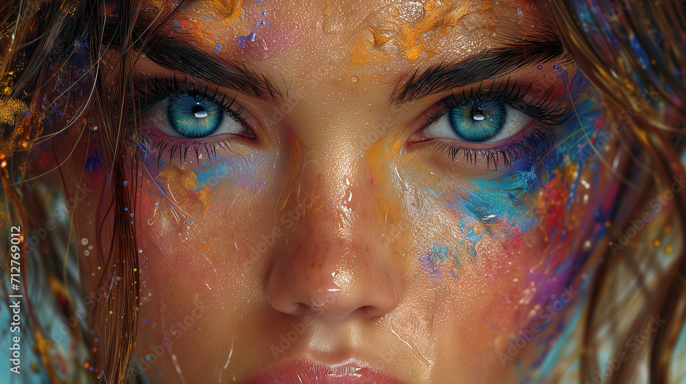 Captivating image portraying a close up woman's face. Mesmerizing fusion of colorful paint splashes. Captivating gaze Harmony of the composition, emotionally resonant artwork. Captivating image portraying a close up woman's face. Mesmerizing fusion of colorful paint splashes. Captivating gaze Harmony of the composition, emotionally resonant artwork.