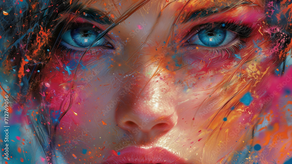 Captivating image portraying a close up woman's face. Mesmerizing fusion of colorful paint splashes.  Captivating gaze Harmony of the composition, emotionally resonant artwork. 
