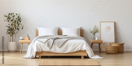 Minimal bedroom interior with wooden stool, bed, blanket, rug, and flowers - real photo.