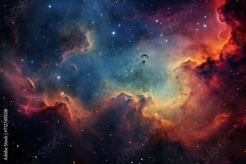 A close up of a nebula in the night sky, with a variety of colors and shapes visible in the composition