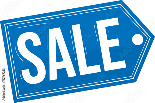 Blue sale tag with large bold text, angled with slight perspective, promotion concept. Shopping discount offer and price tag design vector illustration.