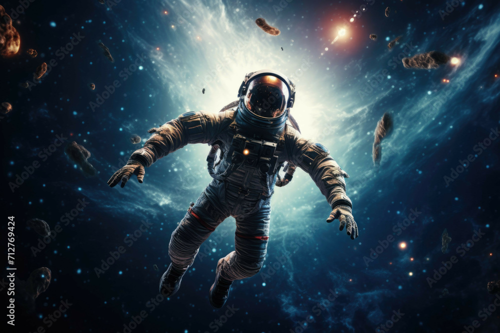 A photo of an astronaut floating in the vastness of space, with the stars and galaxies visible in the background