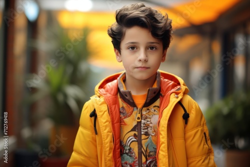 Portrait of a cute boy in a yellow jacket with a curly hairstyle.