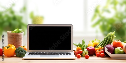 Fototapeta Naklejka Na Ścianę i Meble -  Food blogger concept: Laptop on wooden table in kitchen with fruits and vegetables, white screen, copy space