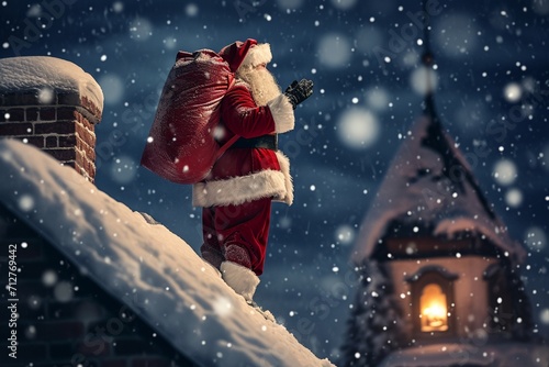 Santa Claus Carrying a Red Bag with Gifts to Children, Carefully Walking on a Roof of a House on a Night of Christmas Eve. Santa Waving To Camera and Magically Disappearing into the Chimney
