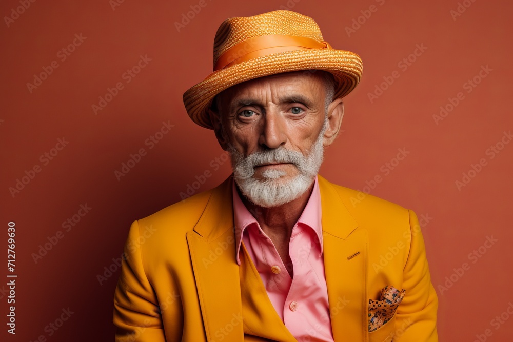 Portrait of an old man in a yellow suit and hat.