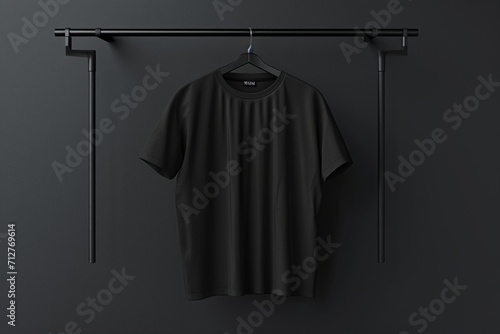 Sleek black t-shirt mockup suspended on metal rack, gradient lighting. Contemporary style preview.