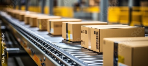 Seamlessly moving cardboard box packages on conveyor belt in warehouse fulfillment center
