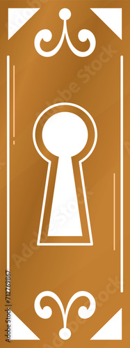 Golden keyhole on elegant ornate door. Mystery and security concept design. Vintage lock access, privacy protection vector illustration.