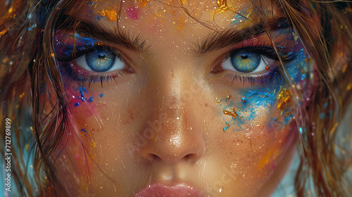 Captivating image portraying a close up woman's face. Mesmerizing fusion of colorful paint splashes. Captivating gaze Harmony of the composition, emotionally resonant artwork. 