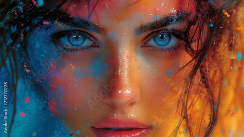 Captivating image portraying a close up woman's face. Mesmerizing fusion of colorful paint splashes. Captivating gaze Harmony of the composition, emotionally resonant artwork. 