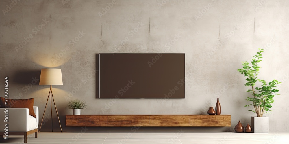 Minimal a warm-toned TV room in a concrete wall background. Minimal a warm-toned TV room in a concrete wall background.