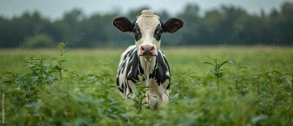 Cow in a meadow. Livestock animal, organic milk and green grass. Space for text. Cow in a meadow. Livestock animal, organic milk and green grass. Space for text.