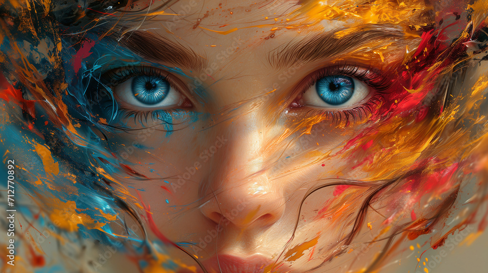 Fototapeta premium Captivating image portraying a close up woman's face. Mesmerizing fusion of colorful paint splashes. Captivating gaze Harmony of the composition, emotionally resonant artwork. 