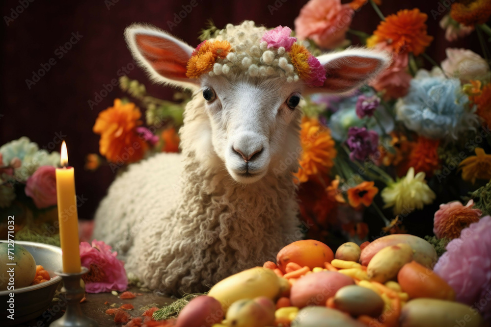 A close-up of a traditional Easter lamb, decorated with bright and colorful flowers and fruits