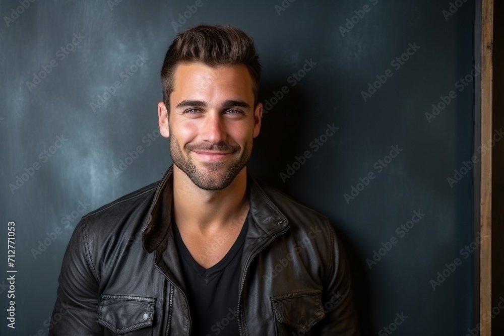 Portrait of a handsome young man wearing a leather jacket and smiling