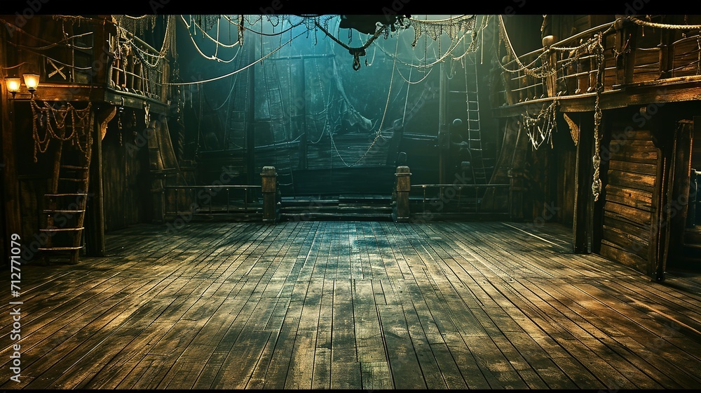 Naklejka premium empty pirate ship deck background for theater stage scene