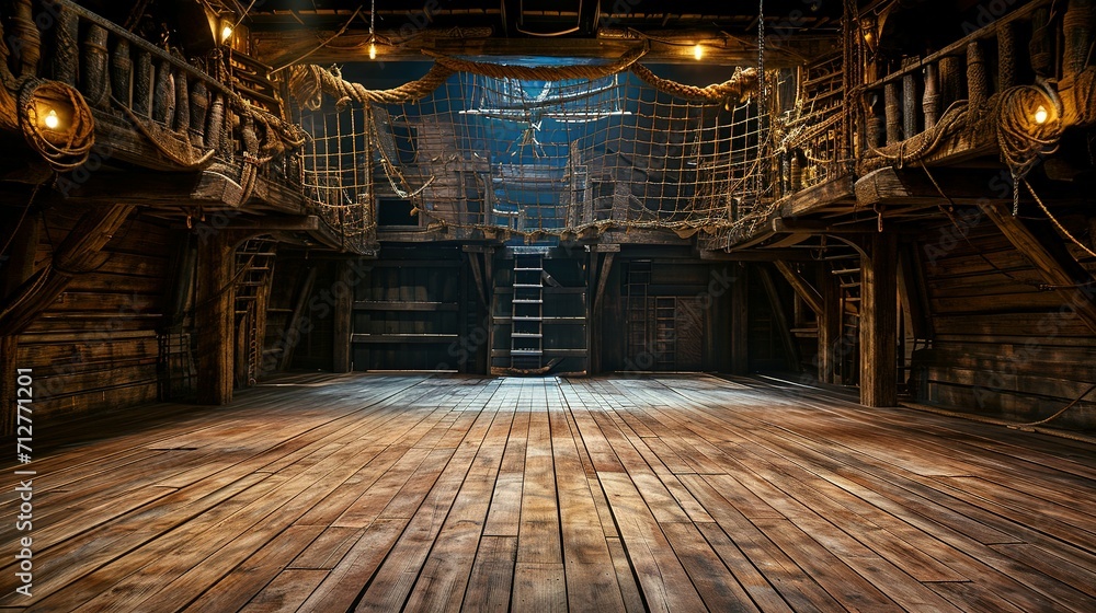 empty pirate ship deck background for theater stage scene - obrazy, fototapety, plakaty 