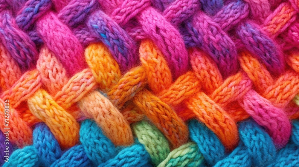 Knitted texture of colorful wool threads close-up. Texture of a colorful knitted sweater. Realistic large colorful knitting 3D background. Collection of knitted backgrounds. Generative ai.