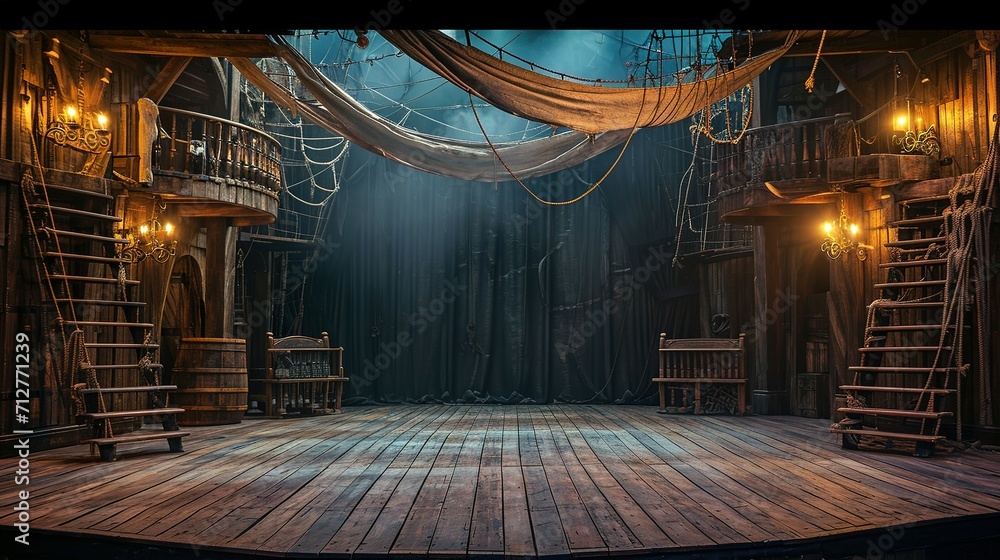 Obraz premium empty pirate ship deck background for theater stage scene