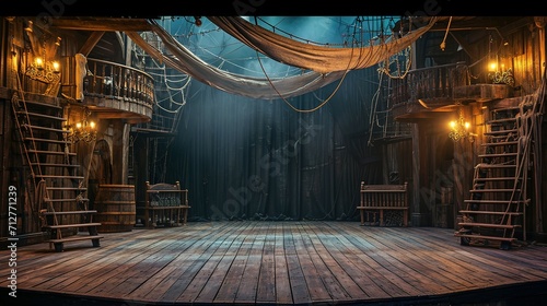 empty pirate ship deck background for theater stage scene photo