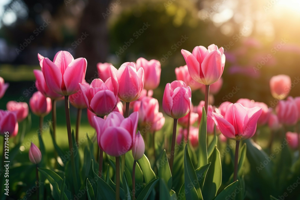 A group of pink tulips standing tall in a lush green meadow, with the sun shining brightly in the background