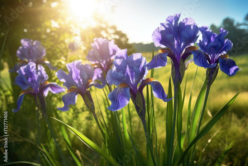 A group of blue irises standing tall in a lush green meadow, with the sun shining brightly in the background