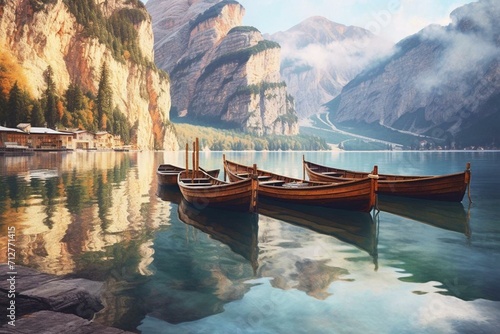 Scenic lake with boats amidst Dolomite mountains. Generative AI