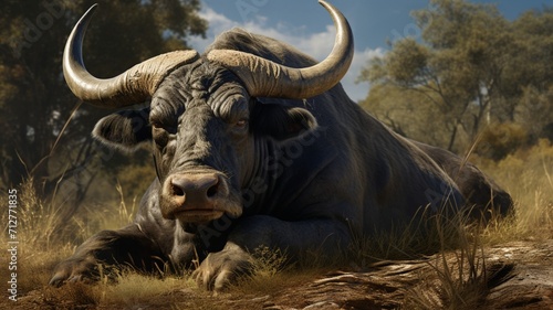 Majestic Bull with Formidable Horns Standing Strong in the Wilderness - AI-Generative