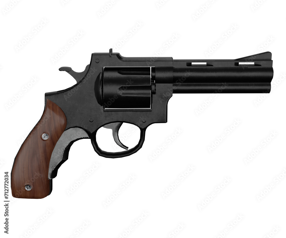 Revolver with wooden handle isolated on transparent background.