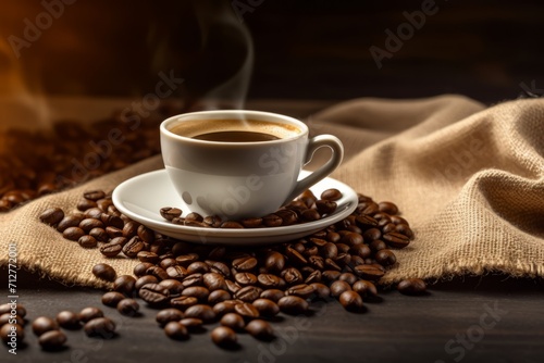 A white cup of black hot coffee on a table made of dark wood and fabric. Mug with espresso and whole beans. Warm winter atmosphere. Hot drink banner.