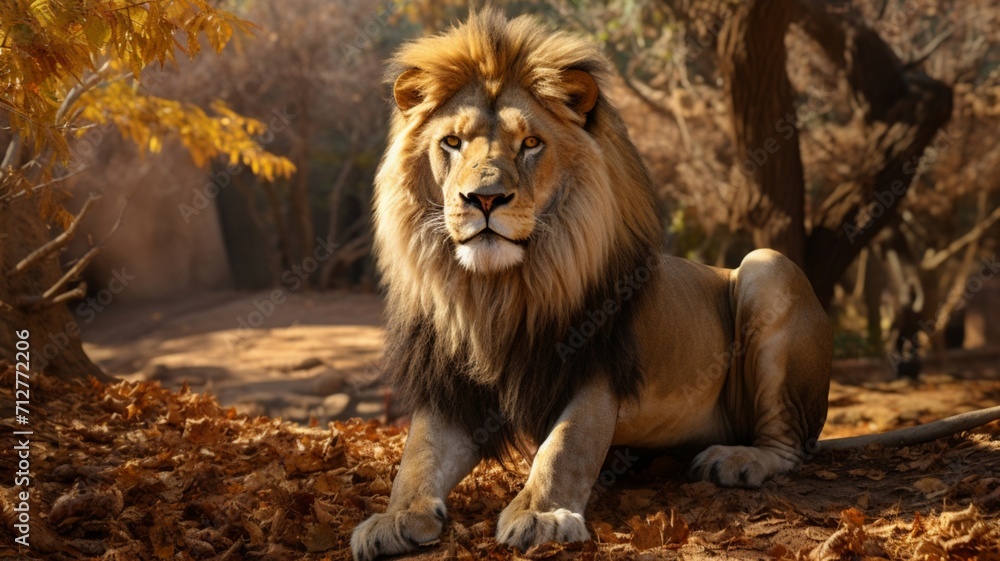 Obraz premium Majestic Solitude: Lone Lion Roaming Through the Enchanting Jungle - AI-Generative