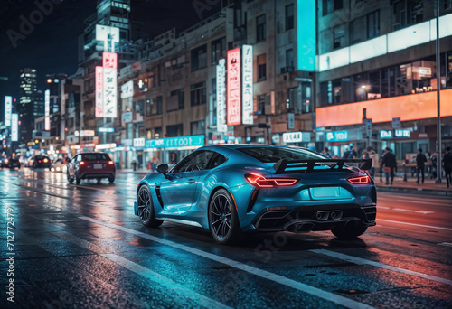 A blue sports car is driving down a city street at night. The background is filled with neon lights from the surrounding buildings. There are also some pedestrians and other cars on the street.