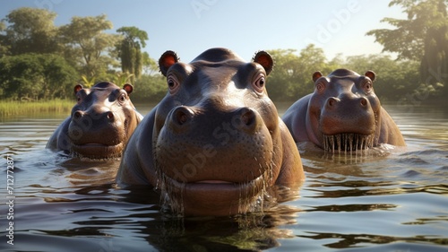 Majestic Pod of Hippopotamus Emerging Gracefully from Shimmering Water - AI-Generative © Being Imaginative