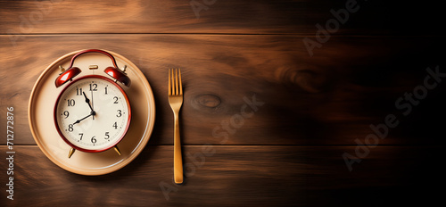 Empty plate with a clock inside and a fork on the side. Image with copy space. Intermittent fasting concept. Generative AI photo