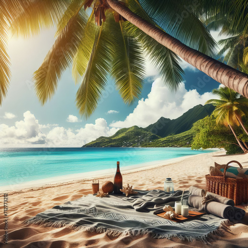 Beach towel under a palm tree on exotic beach © gpahas