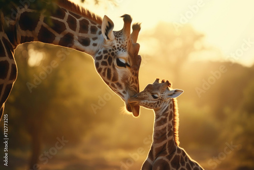 A baby giraffe stretching its neck to reach its mother's face