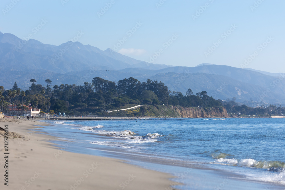 Ocean Waves and Mountains in Distance in Santa Barbara California