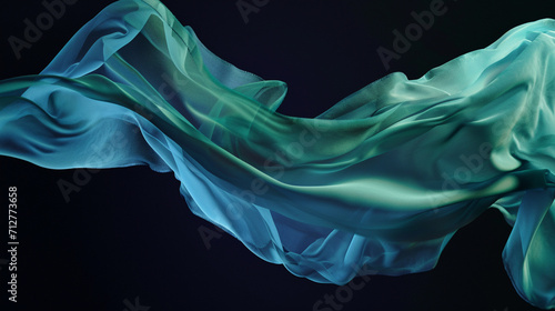 Colorful fabric backgrounds. Silk fabric texture luxurious background. Green and blue iridescent floaty fabric on black backgrounds. Trend colors and fabrics of 2024. The most preferred fabrics. 