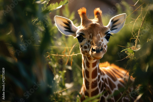 A baby giraffe sticking its neck out of the brush, its eyes wide with curiosity