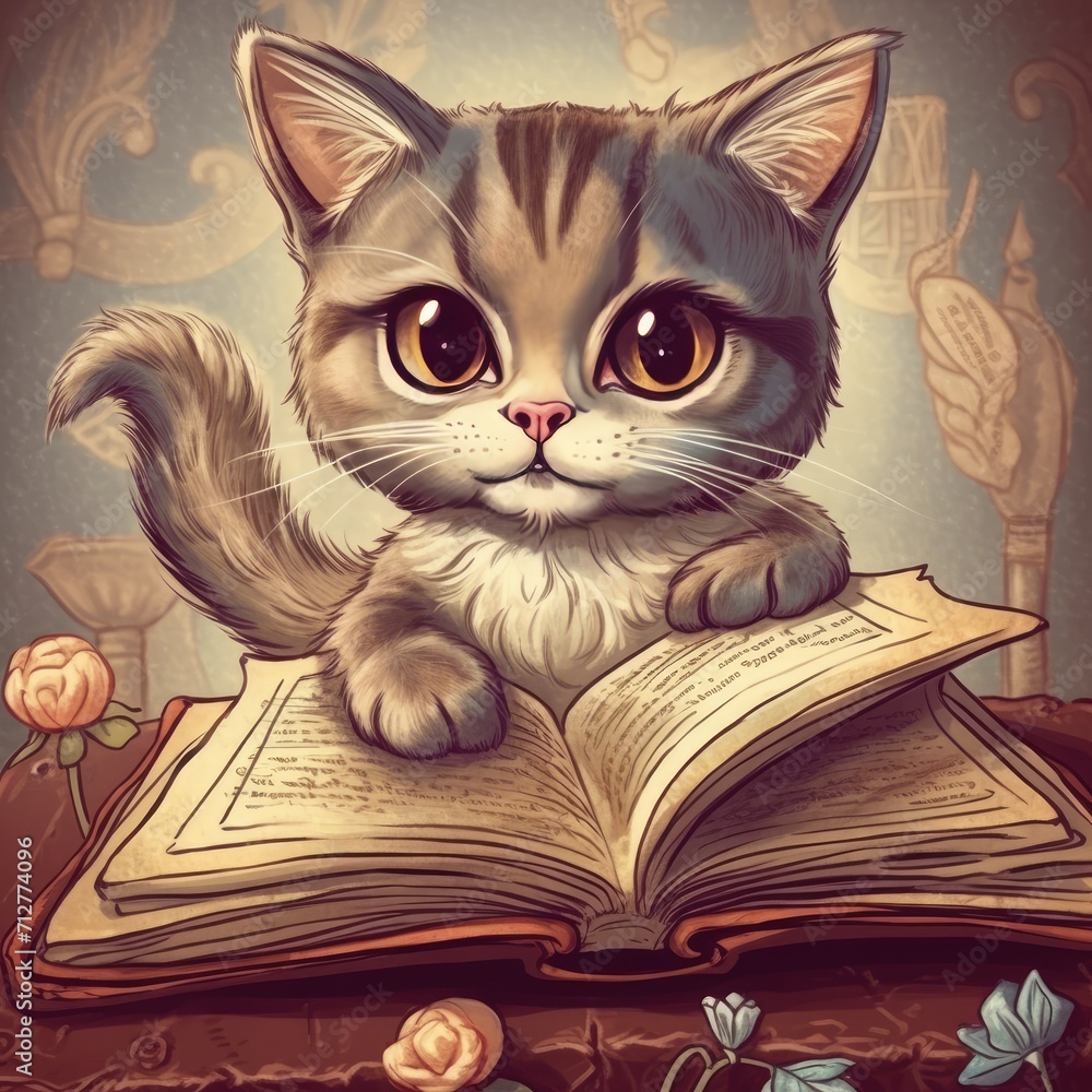 Cute cat or kitten reading a book cartoon illustration, print for clothing, paper with a cat. Concept art for a bedtime story. Children's fairy tales, illustration books. Studying at school, lessons. Cute cat or kitten reading a book cartoon illustration, print for clothing, paper with a cat. Concept art for a bedtime story. Children's fairy tales, illustration books. Studying at school, lessons.