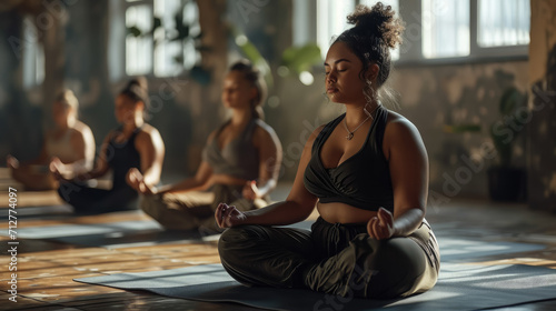young plump plus-size woman in sportswear doing yoga, studio, gym, sports class, fitness center, girl, weight loss, Pilates, breathing, body, training, muscles, healthy lifestyle, activity, lotus