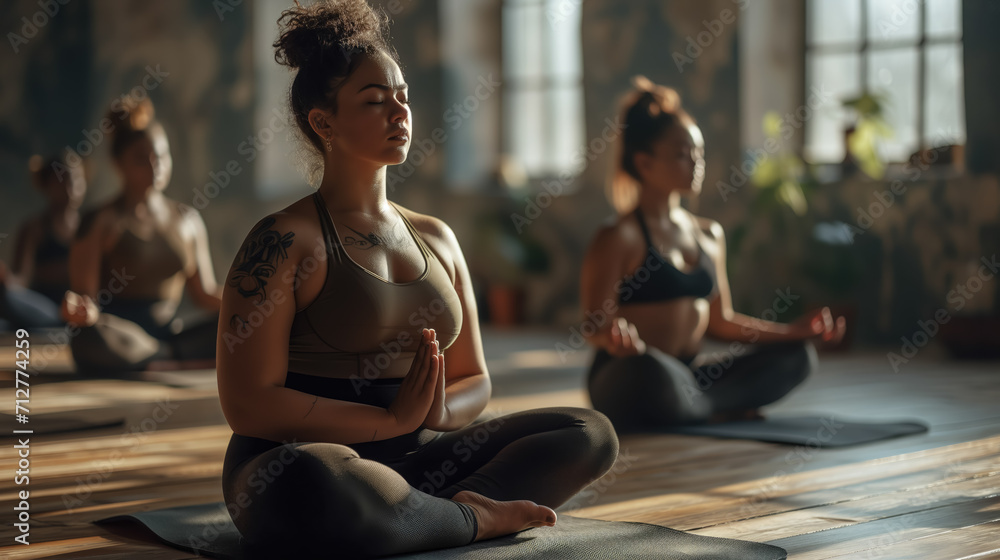 young plump plus-size woman in sportswear doing yoga, studio, gym, sports class, fitness center, girl, weight loss, Pilates, breathing, body, training, muscles, healthy lifestyle, activity, lotus - obrazy, fototapety, plakaty 