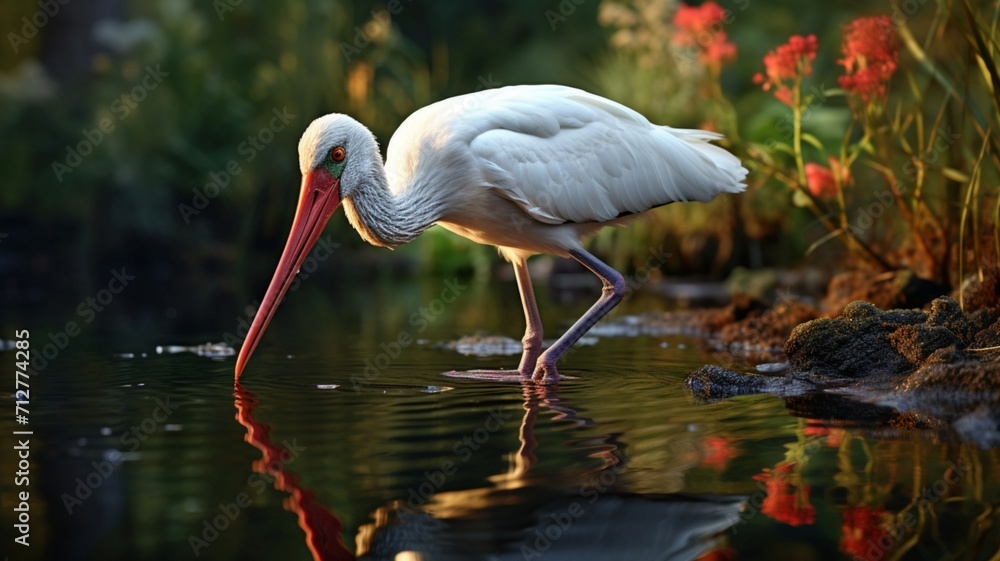 Obraz premium Majestic Ibis Wading Through Shallow Waters in Quest for Nourishment - AI-Generative